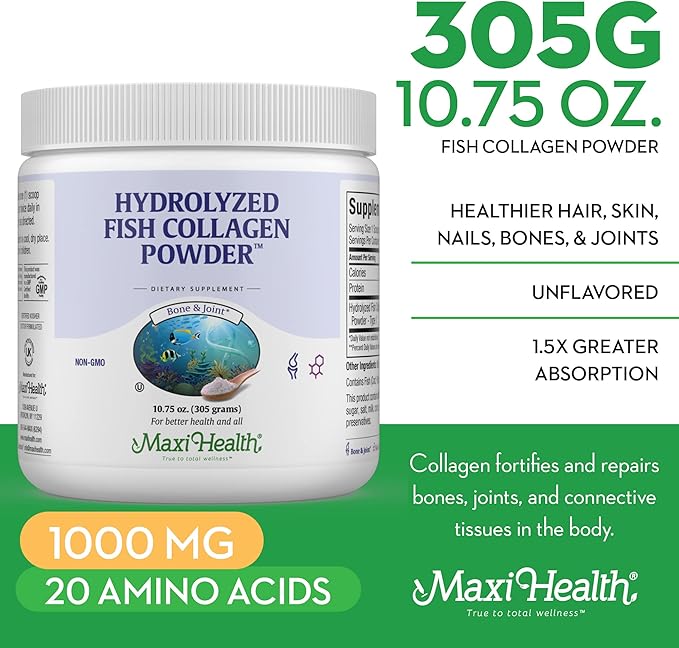 Maxi Health Collagen Powder - Collagen Protein Powder - Marine Collagen Powder for Women & Men - Type I Unflavored Fish Collagen Hydrolyzed Collagen Protein - Hair Growth & Skin Supplement (10.75 oz)