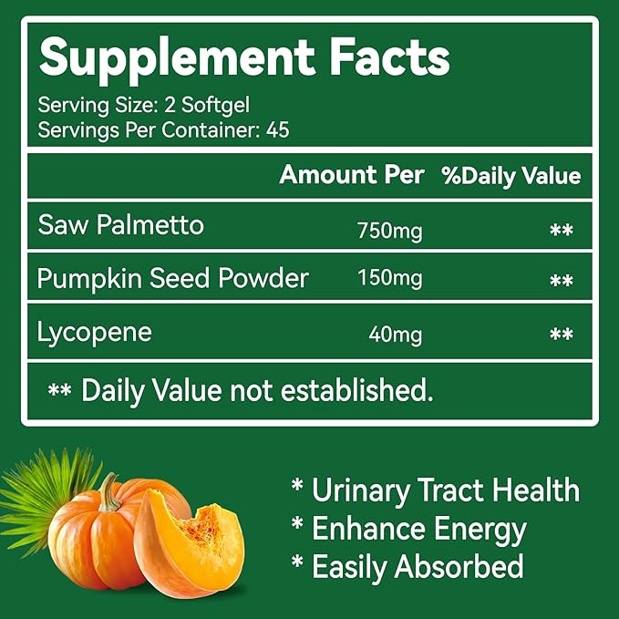 Saw Palmetto Supplement, Saw Palmetto Extract 750mg, with Lycopene, Pumpkin Seed Powder, for Men and Women,Non-GMOs & Gluten, Vegan, 90 Count Capsules（Pack of 2）