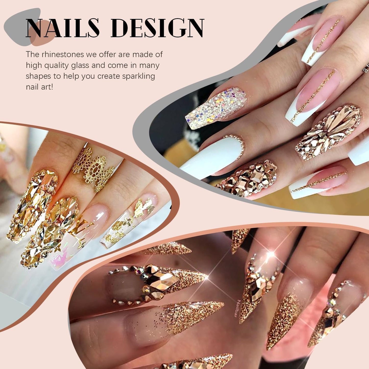 2680Pcs Mineral Gold Glass Nail Rhinestones 120Pcs Multi Shapes Flatback Nail Gems + 2560Pcs 1.5-4mm Round Crystal with Rhinestones Glue Gel, Manicure Nail Charms Diamond Gemstone for Nail Art