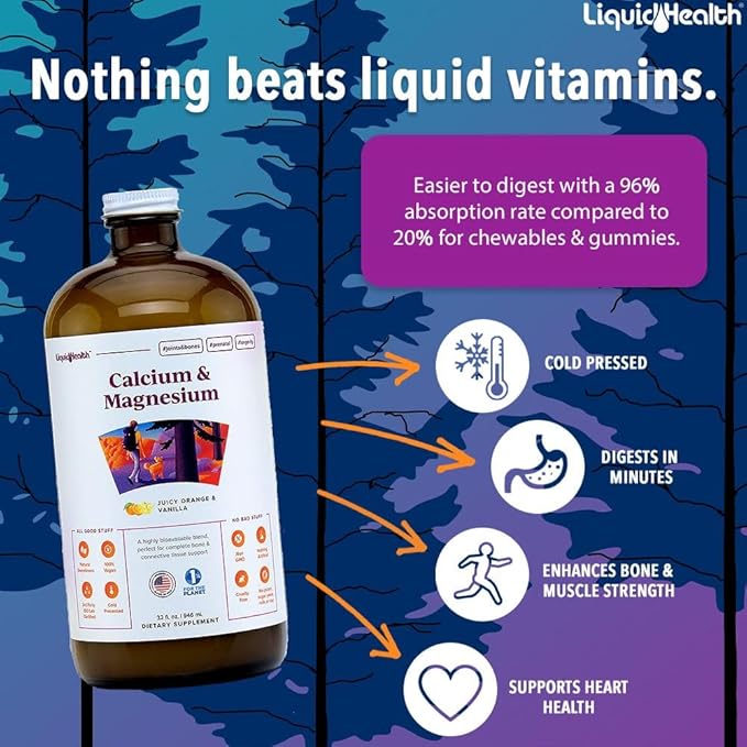 LIQUIDHEALTH Calcium & Magnesium Adult Liquid Vitamin Supplement - Bone, Joint, Muscle, Connective Tissue Support, Heart Health, Essential Nutrients - Great Taste, Vegan, Non GMO, Sugar-Free (32 oz)