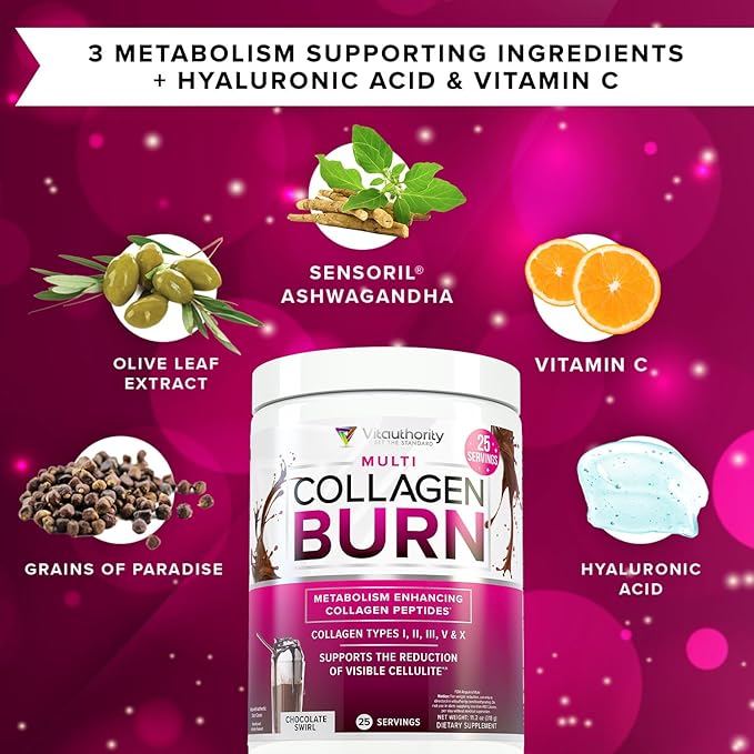 Vitauthority Collagen Peptides Powder Weight Loss | Collagen Supplements Hydrolyzed Beauty Complex | Multi Collagen for Women, Hair Skin Nails | Fat Burning Support | Chocolate Flavored 25 Servings