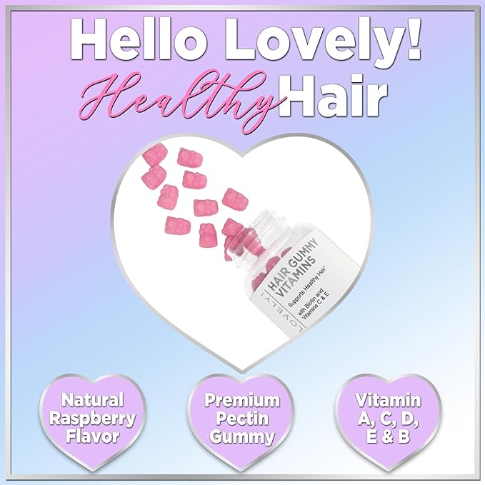 Hello Lovely! Hair Vitamins Gummy with Biotin 5000 mcg Vitamin E & C Support Hair Growth, Premium Vegetarian Non-GMO, for Stronger Beautiful Hair, Skin & Nails Supplement - 60 Bear Gummies