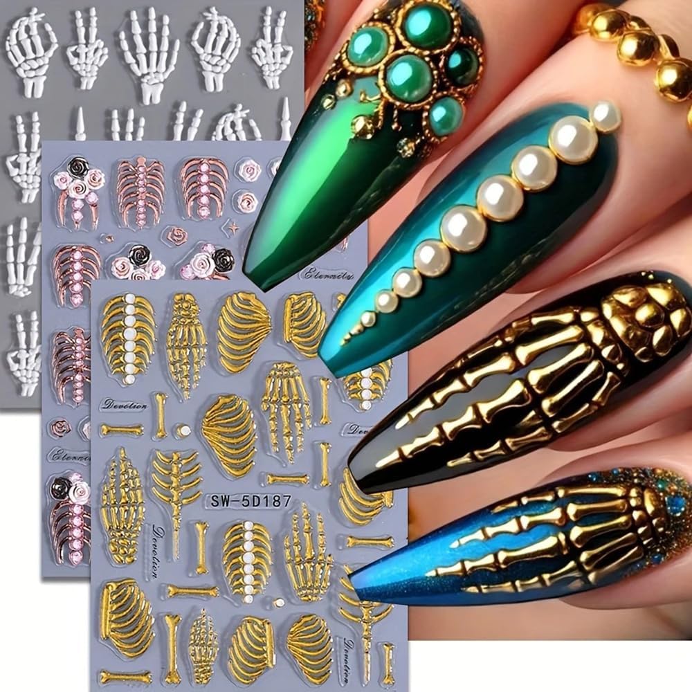 3Pcs Skull & Ribcage 5D Nail Stickers - Y2K Gothic Horror Design, Self-Adhesive Foil Decals Halloween Nail Art, Single-Use Plastic Embossed Animal Print, Golden, White, Rose Gold Skull Nails Decals
