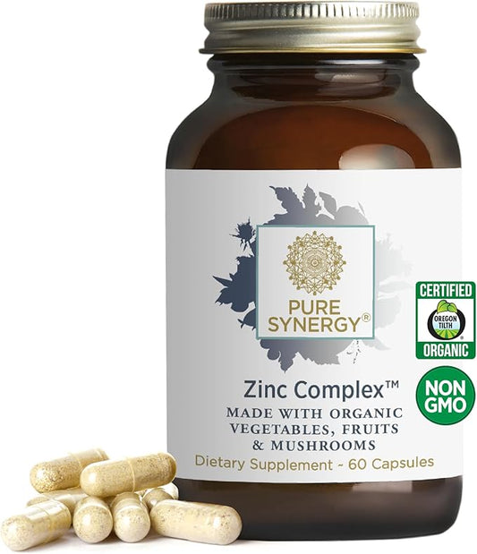 PURE SYNERGY Zinc Complex | Zinc Immune Support Supplement | Natural, Vegan Zinc Complex with Vitamin C and Organic Whole Foods | for Immune, Brain, and Skin Health (60 Capsules)