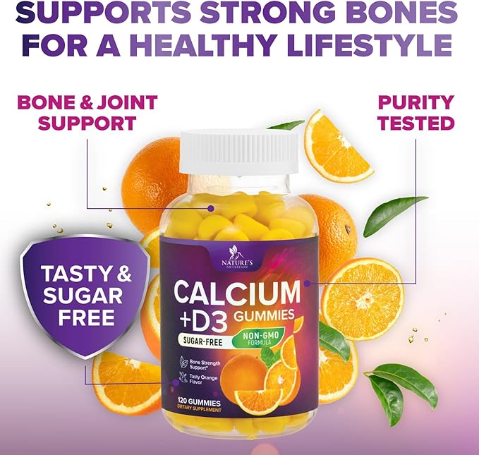 Sugar Free Calcium Gummy Bites Plus 400 IU Vitamin D3, Bone Health & Immune Support - Chewable Calcium Nutrition Supplement, Non-GMO, Orange Flavor Chews - 120 Gummies