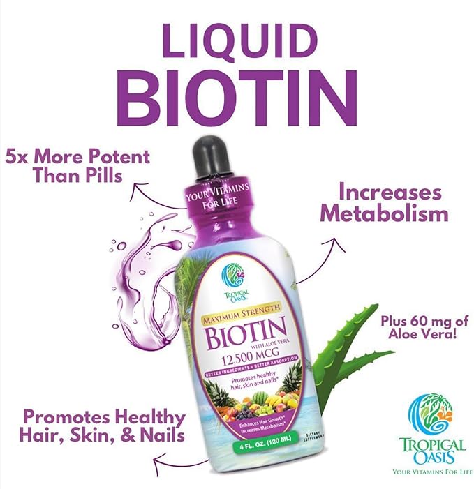 Maximum Strength Liquid Biotin Drops w/ 12,500 MCG – Best Vitamins for Fast Hair Growth, Reduced Hair Loss, Healthy Skin & Strong Nails -5X More Potent Than Pills– Max Absorption, Vegan– 4oz, 30 Serv