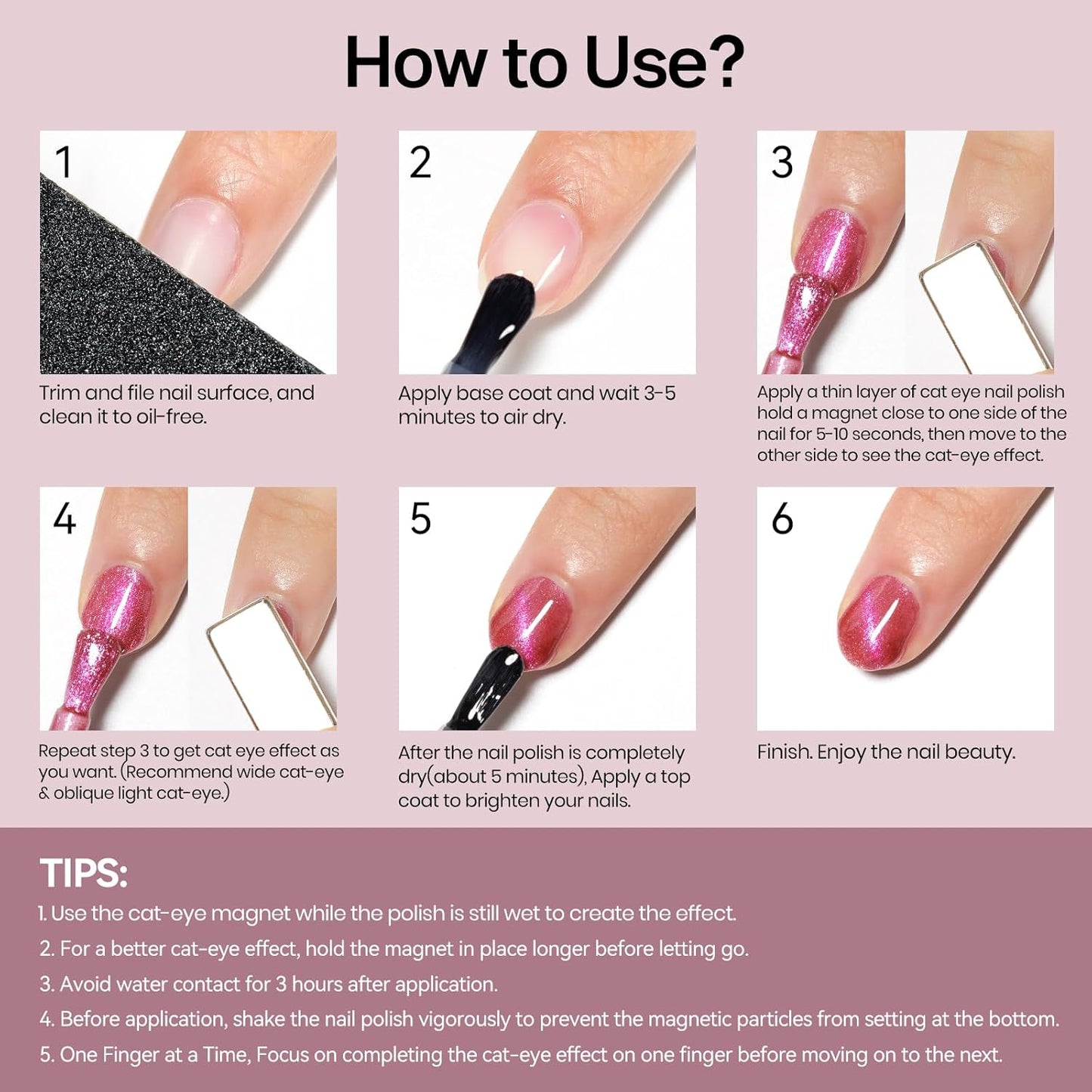 MIZHSE Quick Dry Cat Eye Nail Polish, Shimmery Pink Magnetic Nail Polish with Magnet, Air Drying Fast 15ml Plum Sauce Color Cateye Nail Lacquer for Women Girls Non-Gel Nail Art Manicure DIY Home