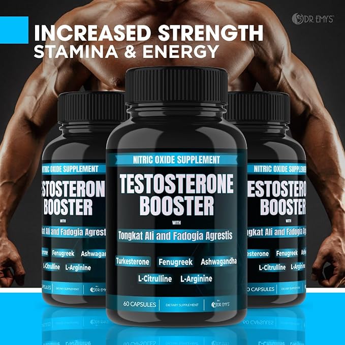 Dr. Emy's (1 Pack Testosterone Booster-Tongkat Ali Fadogia Agrestis Nitric Oxide Ashwagandha Supplement for Men with L Arginine Citrulline Fenugreek - Turkesterone Pre Workout Pump (60 Capsules)