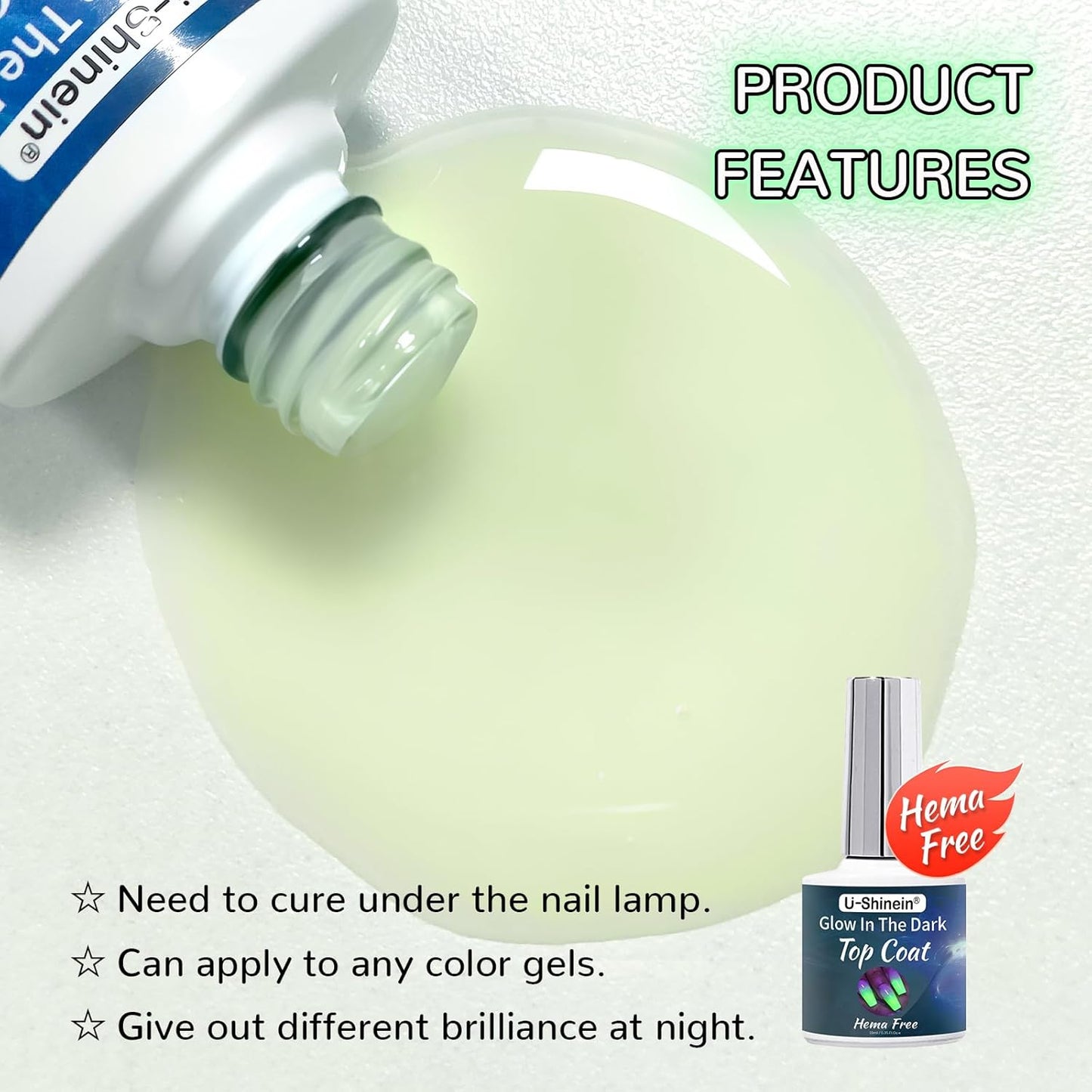 Hema Free Glow In The Dark Gel, Glow Nail Gel Top Coat, Long-lasting Luminous Nail Gel Top Coat for Nail Art, Transparent UV LED Needed Perfect with Any Colors Salon Pro DIY Home