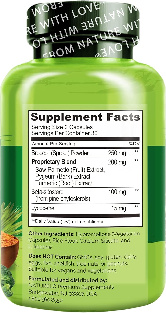 NATURELO Prostate & Urinary Health, Comprehensive Formula with Saw Palmetto, Pygeum, Tumeric, Plant Sterols, Broccoli and Lycopene, 120 Vegetarian Capsules