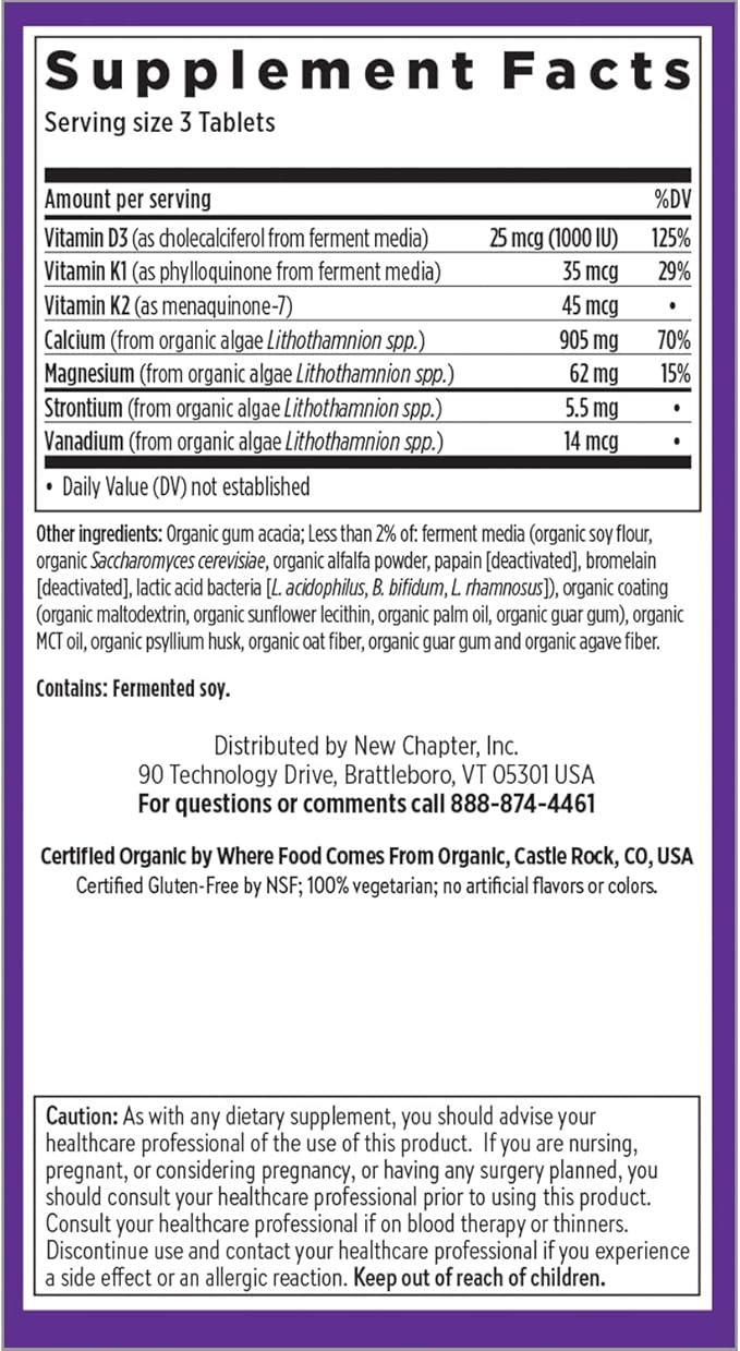 New Chapter Calcium Supplement - Bone Strength Organic Calcium with Magnesium, Vitamin D3+K2, 70+ Trace Minerals for Bone Health, Gluten Free, Easy to Swallow Slim Calcium Tablets - 180 Count