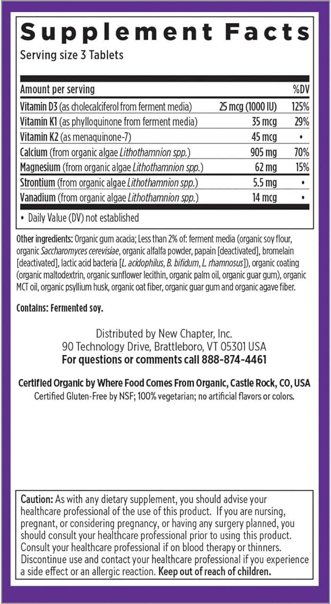 New Chapter Calcium Supplement - Bone Strength Organic Calcium with Magnesium, Vitamin D3+K2, 70+ Trace Minerals for Bone Health, Gluten Free, Easy to Swallow Slim Calcium Tablets - 120 Count