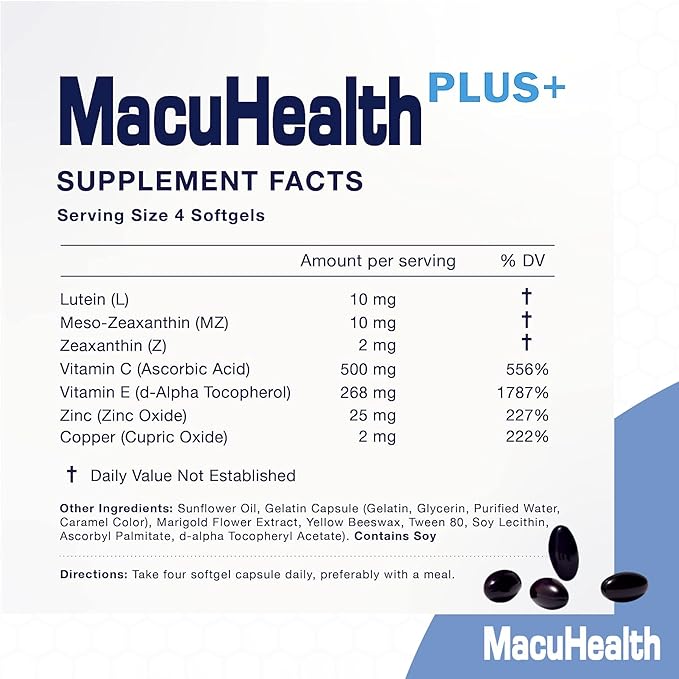 Macuhealth Plus+ Eye Vitamins Supplement for Adults - 90 Day Supply with Lutein, Zeaxanthin, and Meso-Zeaxanthin - Unflavored, Vitamin for Eyes