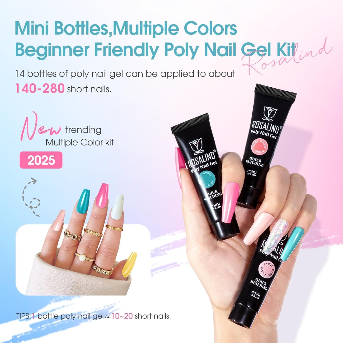 Poly Nail Gel Starter Kit -14 Colors + 75 Nail Art Accessories Kit, ROSALIND Neon Poly Extension Gel with Big UV Light 48W and Electric Nail Drill Starter Kit with Everything