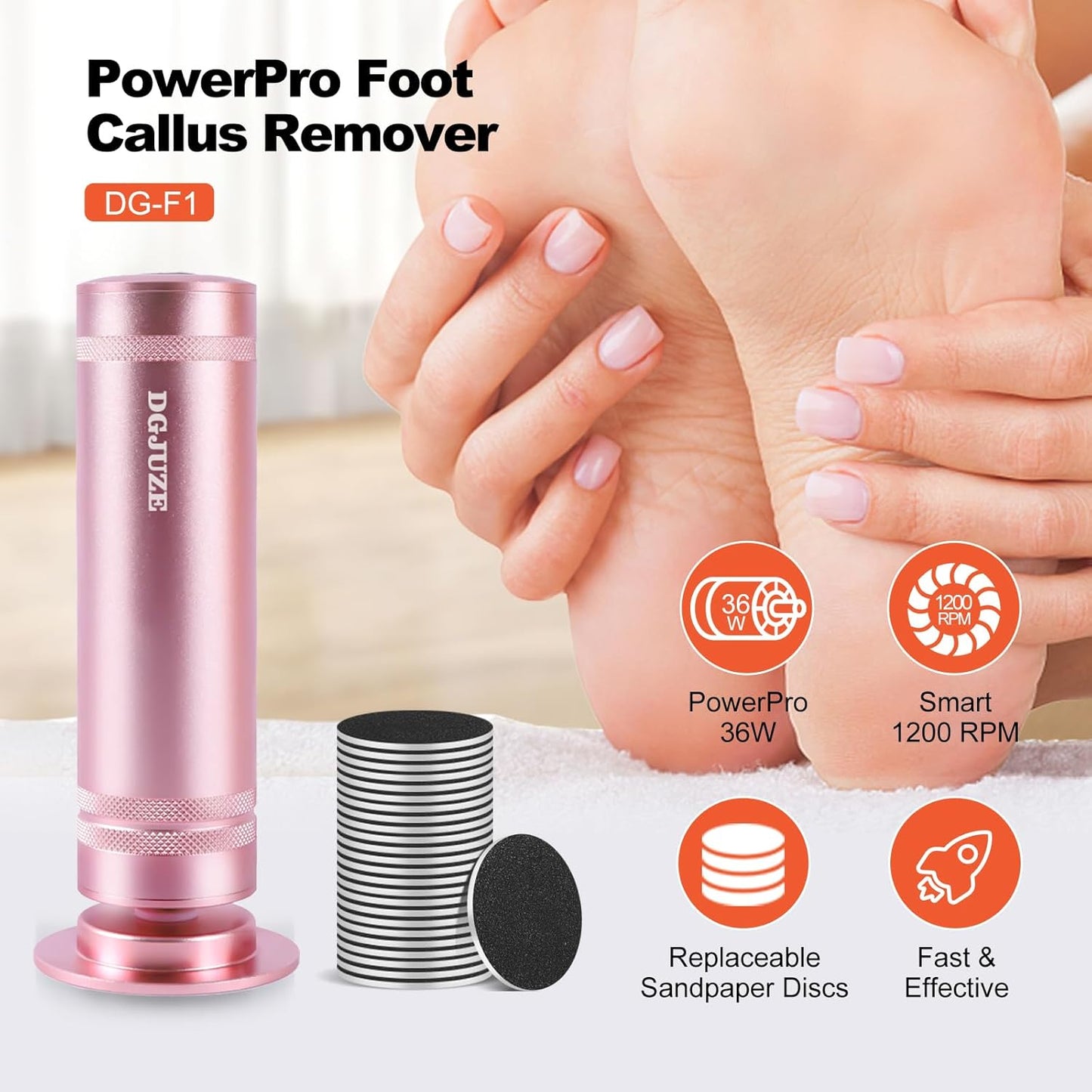 PowerPro Electric Foot Callus Remover 36W Professional 1200rpm Adjustable Speed Metal Feet Grinder Automatic Heel Sander with 60pcs Replacement Sandpaper Discs for Home Use (Pink)