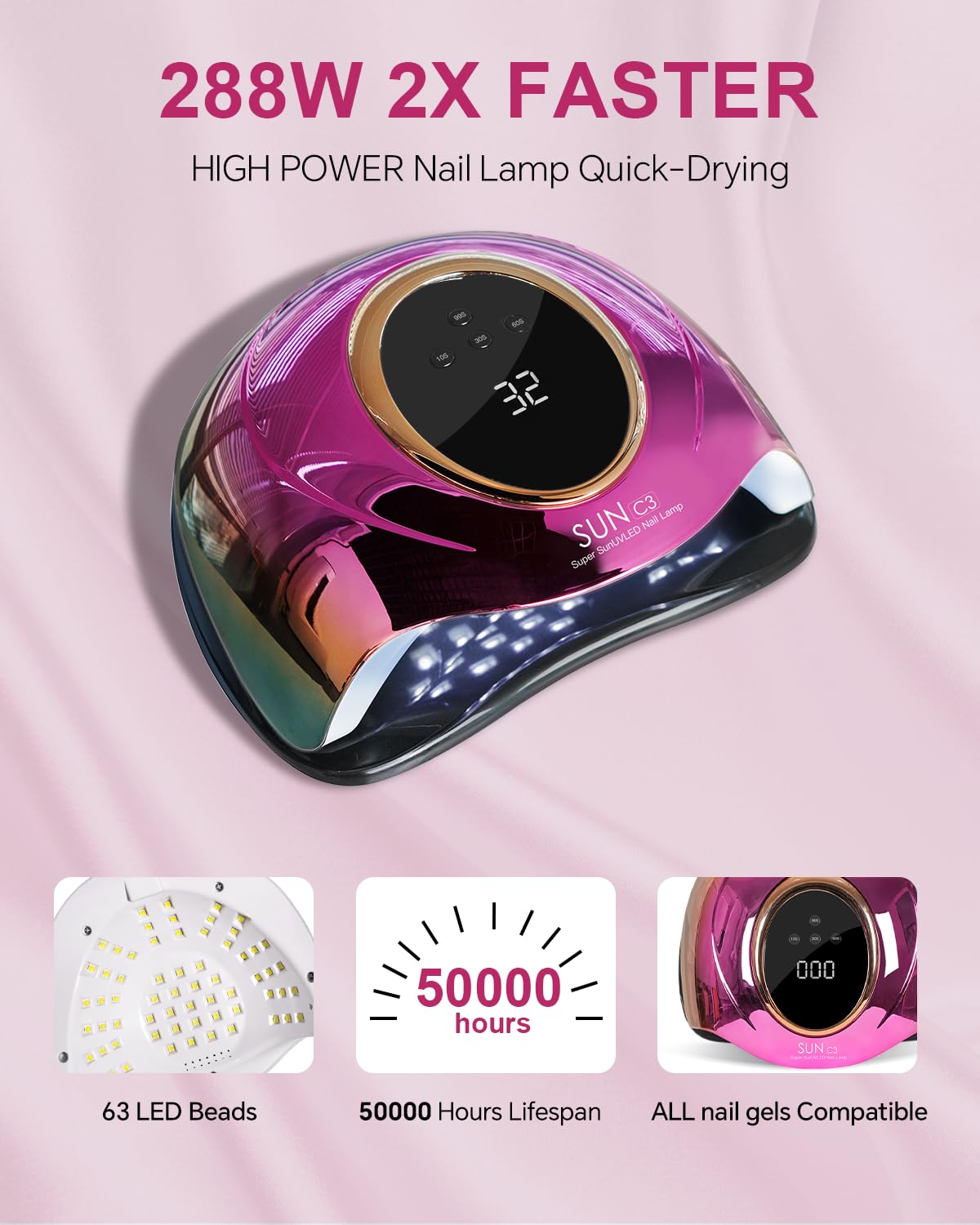 Professional UV Light for Gel Nails - 63 LED Beads with Auto Sensor & 4 Timer Settings, High-Power LED/UV Lamp for Fast Curing, Salon & Home Gel Polish Dryer