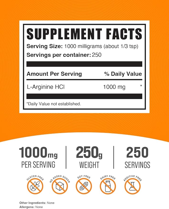 BulkSupplements.com L-Arginine HCl Powder - L-Arginine 1000mg, Arginine Supplement - Nitric Oxide Supplement, Nitric Oxide Powder - Pure & Gluten Free, 1000mg per Serving, 250g (8.8 oz)
