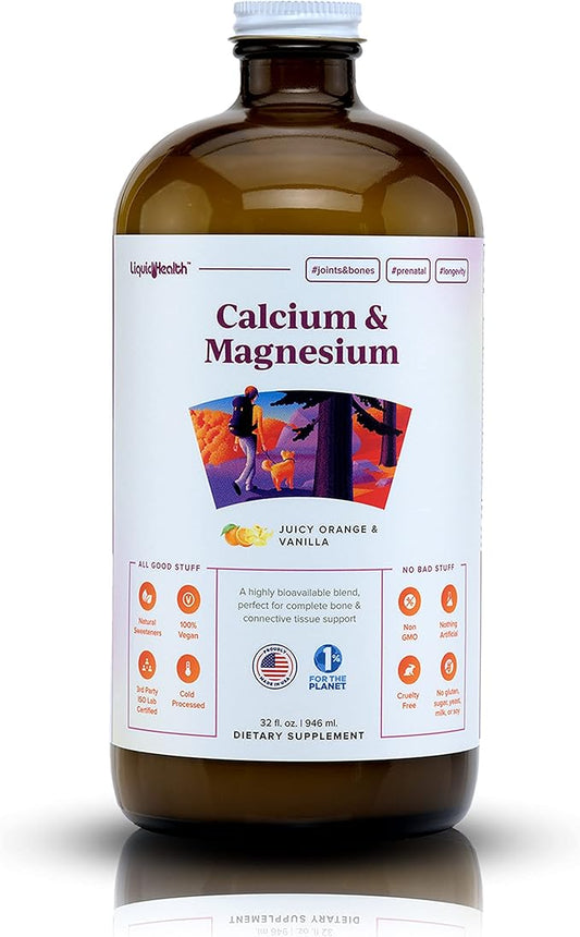 LIQUIDHEALTH Calcium & Magnesium Adult Liquid Vitamin Supplement - Bone, Joint, Muscle, Connective Tissue Support, Heart Health, Essential Nutrients - Great Taste, Vegan, Non GMO, Sugar-Free (32 oz)