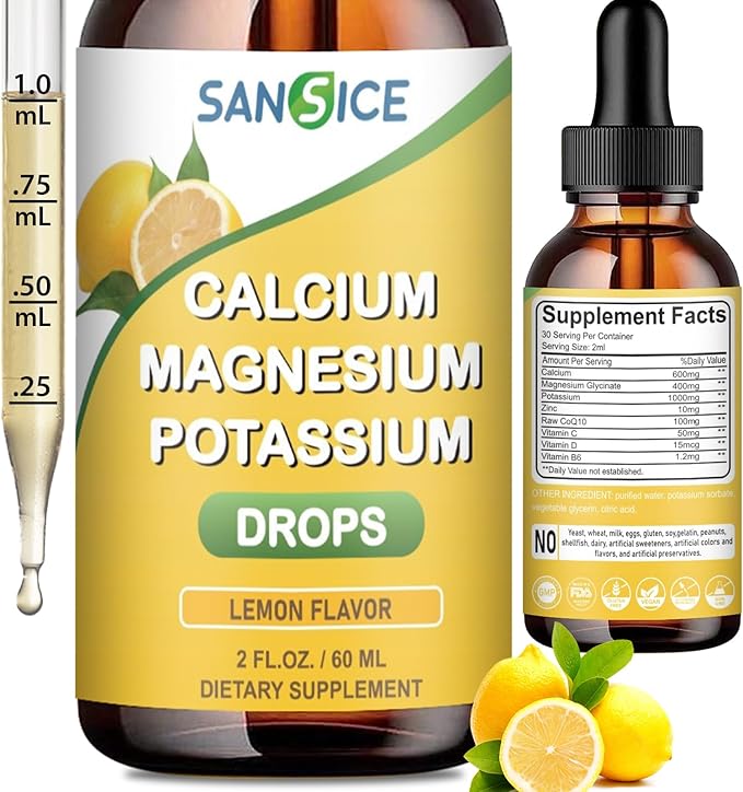 Calcium Magnesium Potassium Supplement Liquid,400mg Magnesium Glycinate,600mg Calcium Magnesium Drop Supplement with Vitamin D and Zinc (60ml/Lemon Flavor)