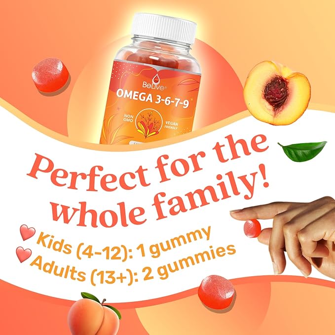 Organic Omega 3 Gummies with Omegas 6, 7, 9, DHA & EPA from Flaxseed Oil and Sea Buckthorn Fruit Oil - Sugar-Free, Supports Brain, Heart, Eye & Immune System, Supplements for Kids & Adults (60 CT)