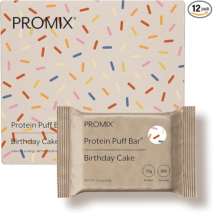 Promix Protein Puff Bars, 12-Pack - Birthday Cake - Marshmallow Crispy Treat - Great Tasting & Healthy On The Go Snack - High Protein & Low Calorie - Non-GMO & Free From Gluten, Soy, & Corn