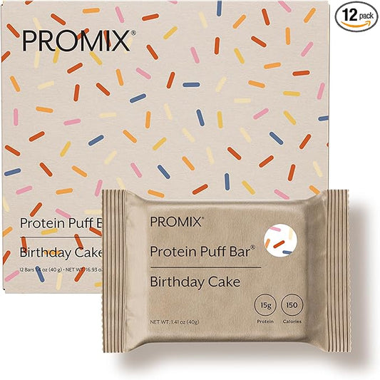 Promix Protein Puff Bars, 12-Pack - Birthday Cake - Marshmallow Crispy Treat - Great Tasting & Healthy On The Go Snack - High Protein & Low Calorie - Non-GMO & Free From Gluten, Soy, & Corn