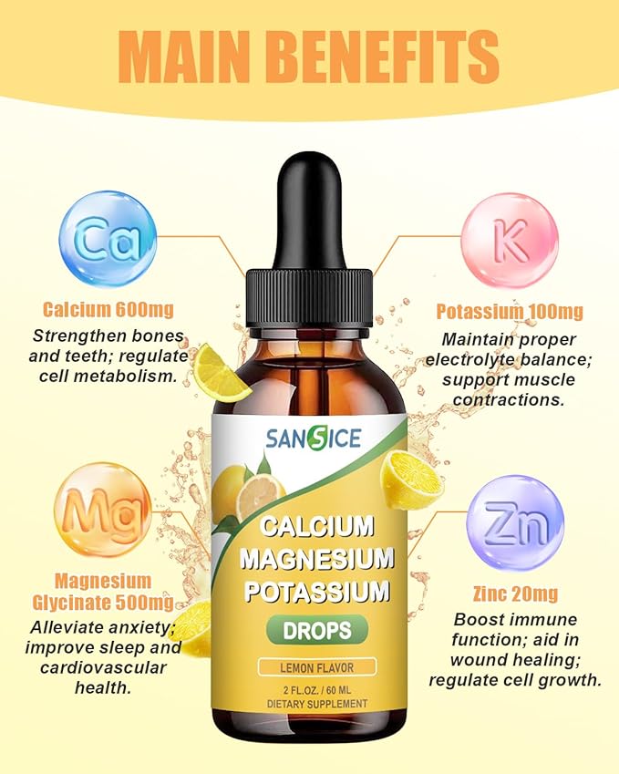 Calcium Magnesium Potassium Supplement Liquid,400mg Magnesium Glycinate,600mg Calcium Magnesium Drop Supplement with Vitamin D and Zinc (60ml/Lemon Flavor)
