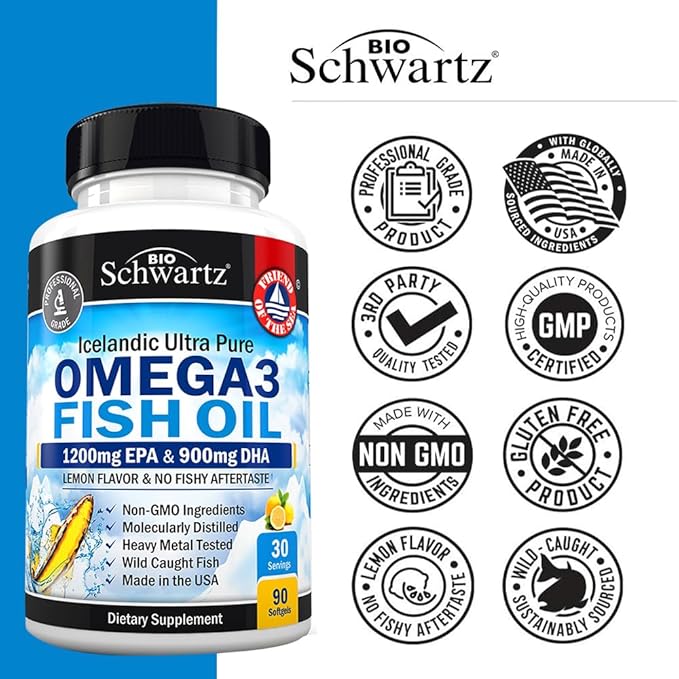 Triple Strength Omega 3 Fish Oil Supplement - 2250mg EPA DHA Omega 3 Fatty Acids from Wild Caught Fish, Supports Joint, Eyes, Brain Health - Burpless Lemon Flavor, Gluten Free, 90 Omega3 Softgels