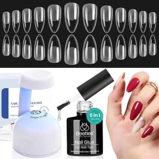 Beetles Gel Nail Kit Etch-X, Almond Medium, 500pcs 12 Sizes, with 9 in 1 Glue Mini Nail Lamp, Fall Nails, Pre-Etched Half Matte Easy Extension Set for Home DIY Salon Manicure Art