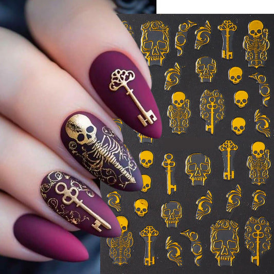 Spooky Halloween Art Nail Stickers Decals Gold Skull Nail Decals 6PCS 3D Self-Adhesive Glitter Spider Web Heart Skeleton Butterfly Design Supply Gothic Festive Stickers for Women DIY Nail Decorations