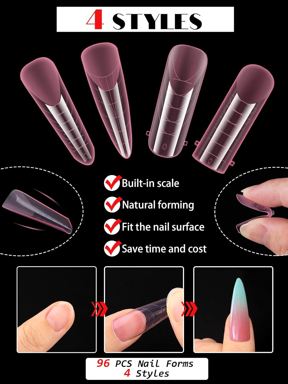 EBANKU Pink Dual Nail Forms, Full Cover Nail Mold Tips Acrylic Nail Extension Tools Scale for Poly Gel Nail Art Salon Nails Design, 96PCS