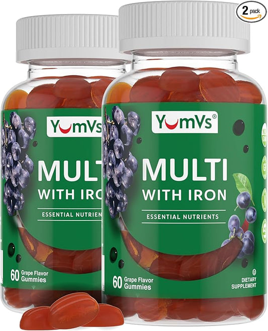 YUM-V'S YumVs Multivitamin Gummies with Iron - Grape Flavor - Vegetarian Kosher Multi Vitamins for Adults with Vitamin A C B6 B12 Biotin Zinc - No Calcium (60 Count (Pack of 2))