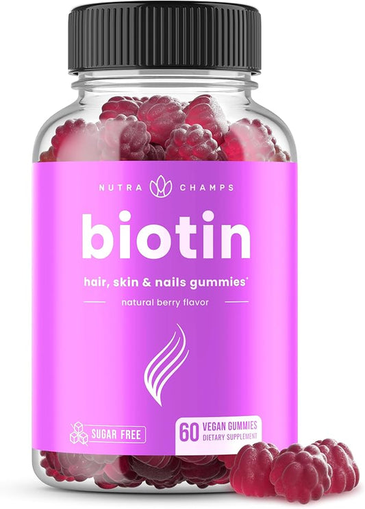NutraChamps Sugar Free Biotin Gummies 10000mcg [High Potency] - Healthy Hair, Skin & Nails for Women, Men & Kids - 5000mcg in Each Gummy - Vegan, Non-GMO, Hair Health Vitamins Supplement - Raspberry