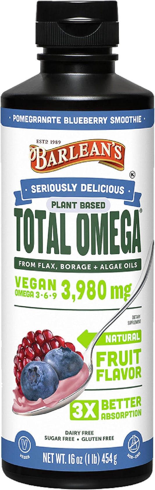 Barlean's Liquid Flaxseed, Borage & Algae Oils Omega 3 Supplement, Pomegranate Blueberry Flavor, Vegan EPA & DHA from Algal Oil, Flax Oil and Borage Seed Oil with 3,980 mg of Omega-3-6-9, 16 oz