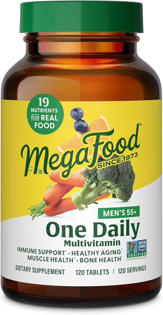 MegaFood Men's 55+ One Daily - Multivitamin for Men with Vitamin B12, Vitamin C, Vitamin D & Zinc - Optimal Aging & Immune Support Supplement - Vegetarian - Made Without 9 Food Allergens - 90 Tabs