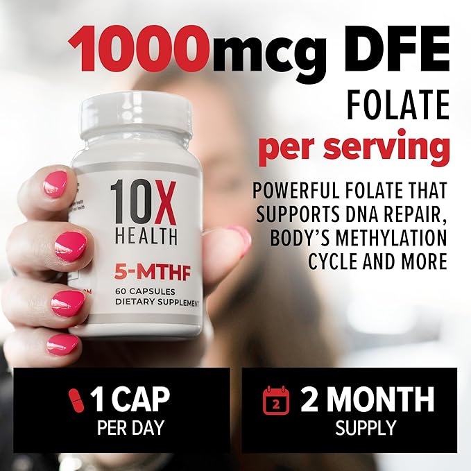 10X Health 5 MTHF Supplement - Methylated Multivitamin with Methylfolate & Magnesium for Brain, Heart Health, DNA & Neurotransmitter Synthesis - Bioavailable 5-MTHF Supplement - 60 Capsules