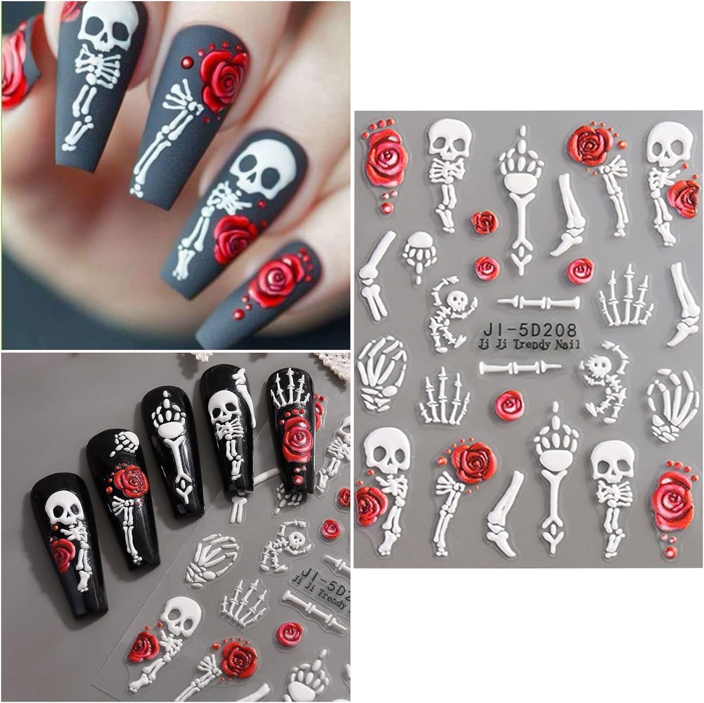 VOTACOS 5 Sheets Halloween Nail Art Stickers Decals 5D Nail Decals Gold White Bone Pattern Sticker Self-Adhesive Skull Nails Supplies Accessories 3for Women Halloween Nails DIY Decoration