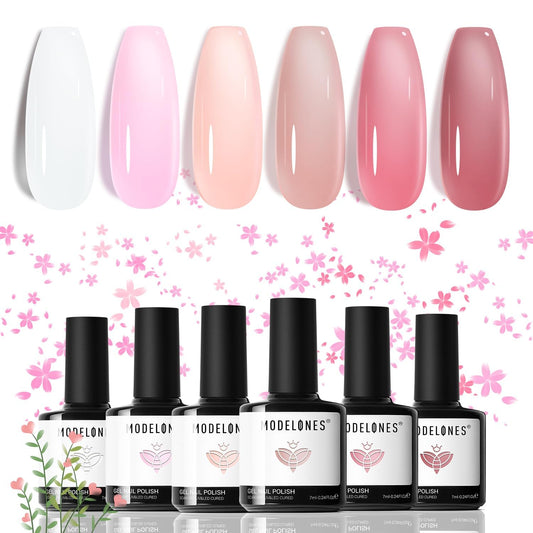 modelones Gel Nail Polish Set, 6 Colors Jelly Gel Polish White Nude Pink Neutral Translucent Nail Polish Soak Off LED Lamp Cured Soapnails Manicure Salon DIY Girl Women Gift