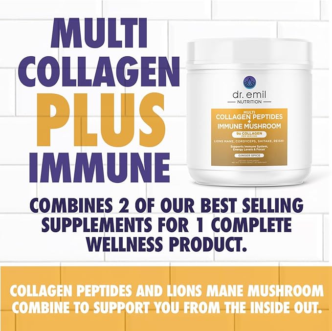 DR. EMIL NUTRITION Collagen Peptides Powder Plus Immune Mushroom Blend - Collagen Powder for Women with Lions Mane & Reishi Mushroom Powder for Immunity - Collagen Supplements for Hair, Skin & Nails