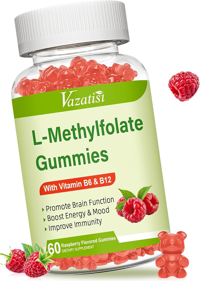 L-Methylfolate 15 mg Gummies with Methyl B12, Folate Supplement for Mood, Brain Health, Immune Support, Raspberry Flavor, 60 Count