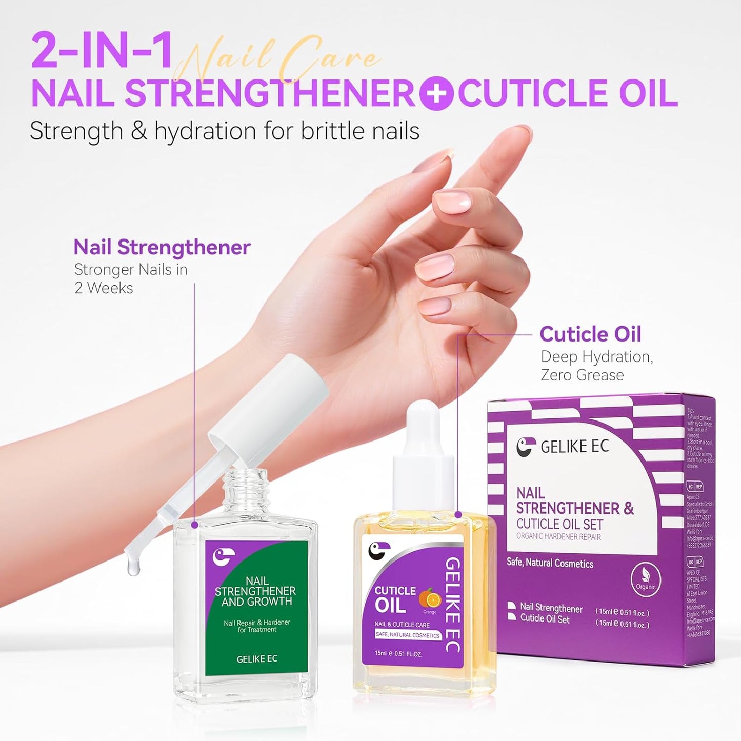 Nail Strengthener & Cuticle Oil Kit: Orange & Clear (15ml) - Protein Nail Hardener for Weak Nails - Vitamin E Enriched - Fast Growth & Repair - Salon & Home Use