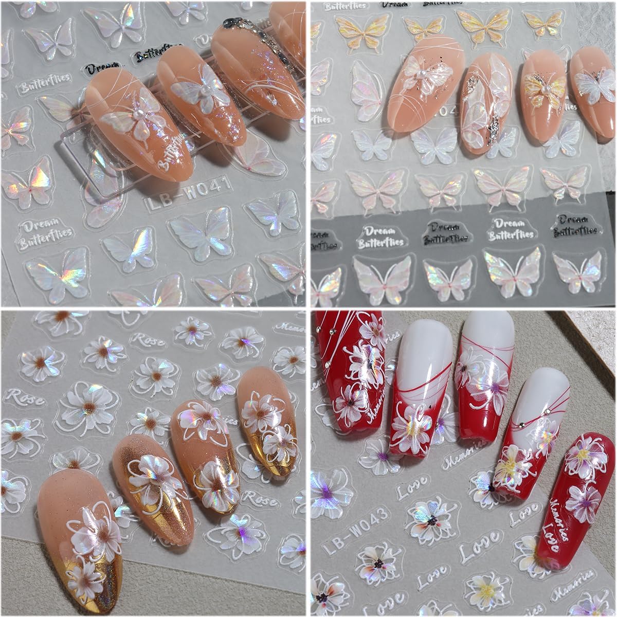 5D Embossed Spring Flower Nail Stickers, 4 Sheets Holographic Shiny Butterfly Nail Stickers, Cherry Blossom Nail Decals, Self-Adhesive Pegatinas para Uñas, Summer Floral Manicure Design