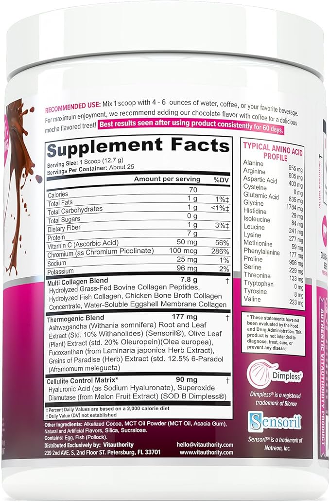 Vitauthority Collagen Peptides Powder Weight Loss | Collagen Supplements Hydrolyzed Beauty Complex | Multi Collagen for Women, Hair Skin Nails | Fat Burning Support | Chocolate Flavored 25 Servings