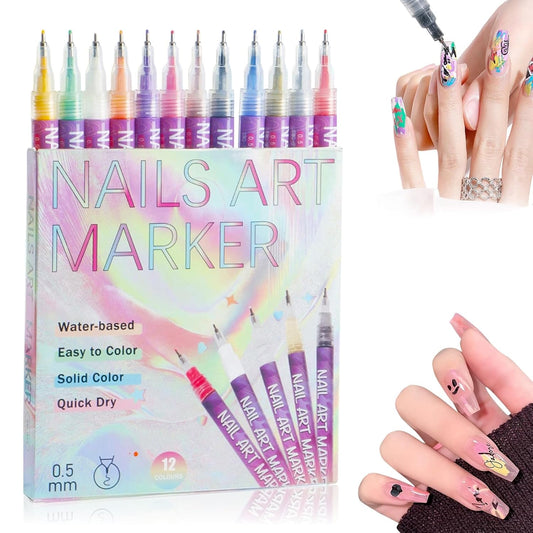 12 Colors Nail Art Pens Set, Nail Art Markers for Gel Nails, Drawing Painting Point Liner Acrylic Painted Pen Kit, Waterproof and Quick-drying Nail for DIY Nails Art Design Manicure Tools