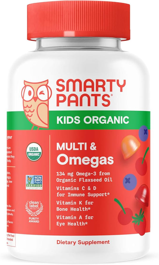 SmartyPants Organic Kids Multivitamin Gummies: Omega 3 (ALA), Vitamin D3, C, Vitamin B12, B6, Vitamin A, K & Zinc for Immune Support, Vegetarian, Three Fruit Flavors, 120 Count (30 Day Supply)