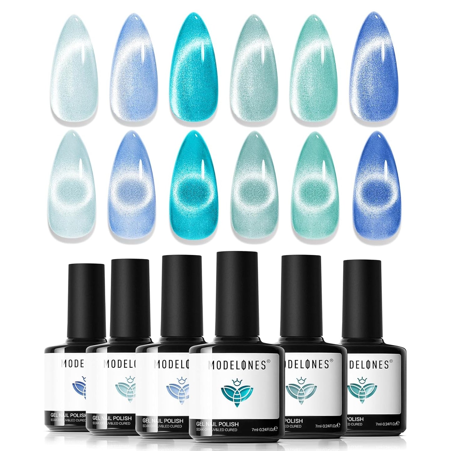 modelones Cat Eye Gel Nail Polish Set, 6 Colors Light Baby Blue Green 9D Cat Eye Glitter Gel Polish with Magnetic Stick Soak Off LED Manicure DIY Salon Gift Starter Kit