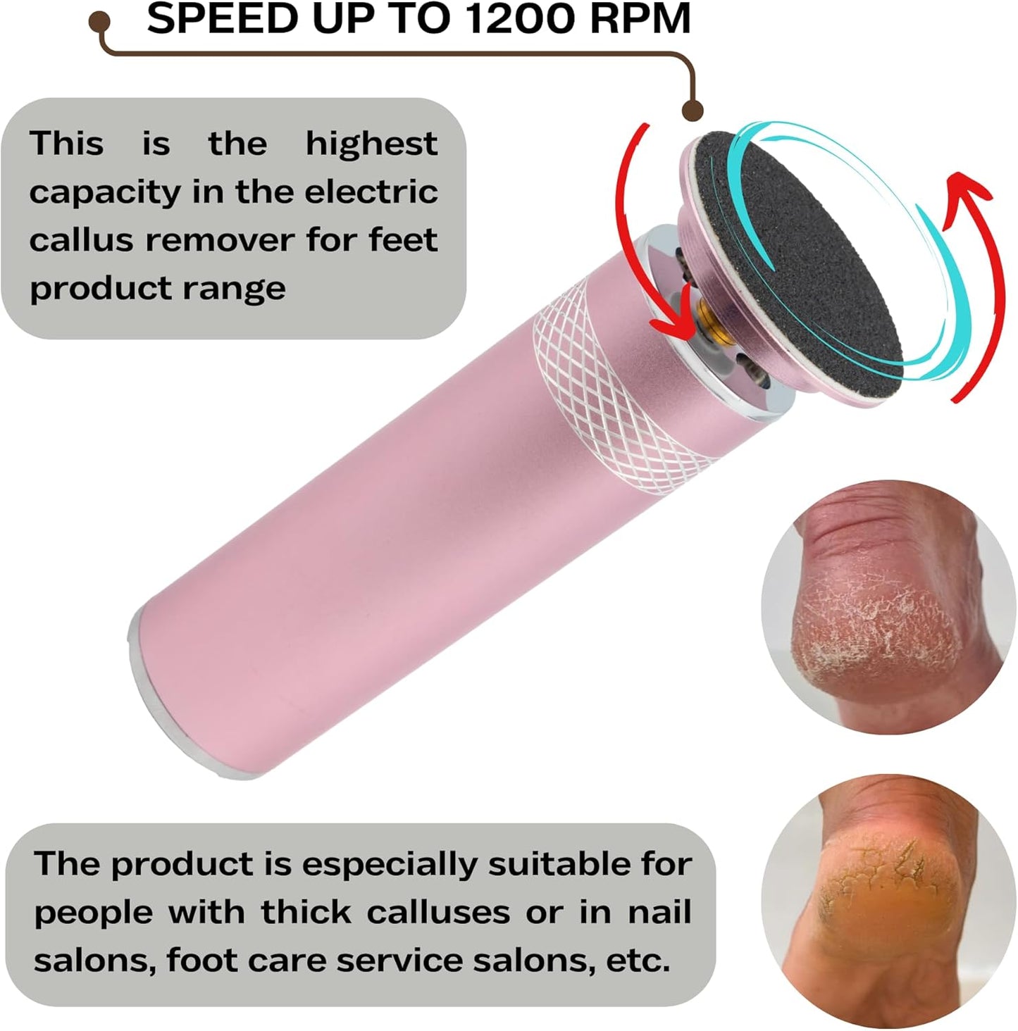 High Power Electric Foot Callus Remover, 2025 Upgrade with 100-inch Extra-Long Cord and 60 Replaceable Sandpaper Discs, Electric Foot File for Cracked Heels and Dead Skin, Rose Pink