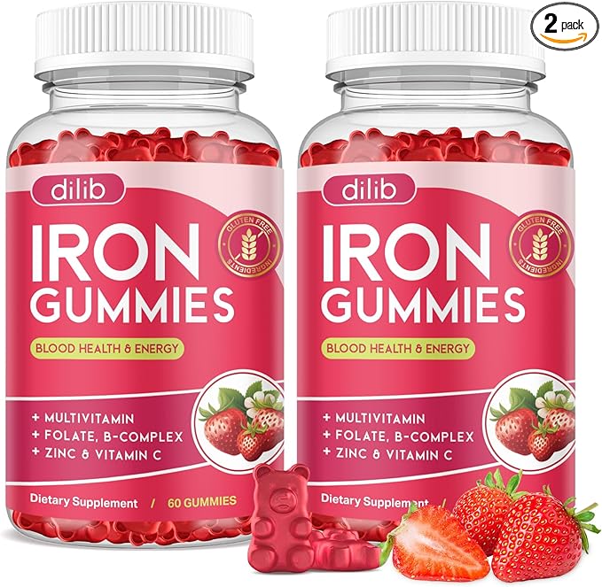 2 Pack Iron Gummies with Multivitamin, Iron Supplement for Women & Men with Zinc, Vitamin B Complex & C, B12, Folate - Blood Builder & Energy Support for Adults & Kids - Strawberry Flavor, Vegan 120ct