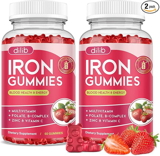 2 Pack Iron Gummies with Multivitamin, Iron Supplement for Women & Men with Zinc, Vitamin B Complex & C, B12, Folate - Blood Builder & Energy Support for Adults & Kids - Strawberry Flavor, Vegan 120ct