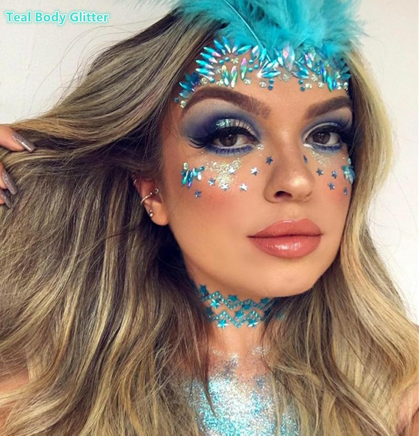 Go Ho Teal Body Glitter Gel,Mermaid Teal Face Glitter Makeup,Holographic Long Lasting Chunky Sequins Glitters for Lip Hair Nails,Festival Accessories,52g